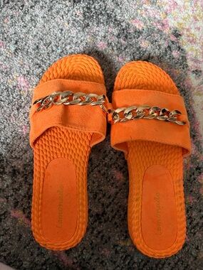 Orange Chain-Accent Slide Sandals -